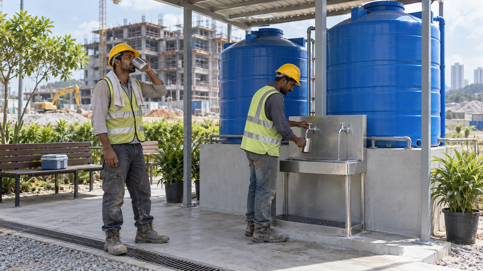 Generated illustration of workers drinking from cups beside a water tank station