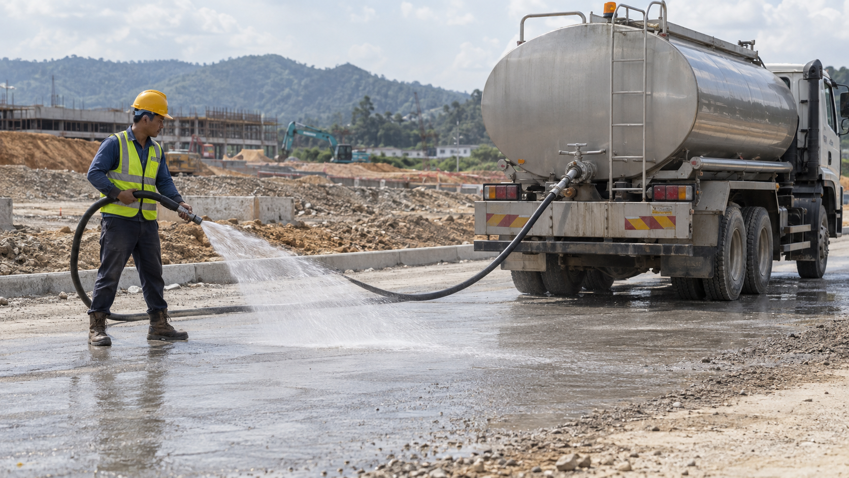 Generated illustration of a worker cleaning a road using a hose connected to a water tanker
