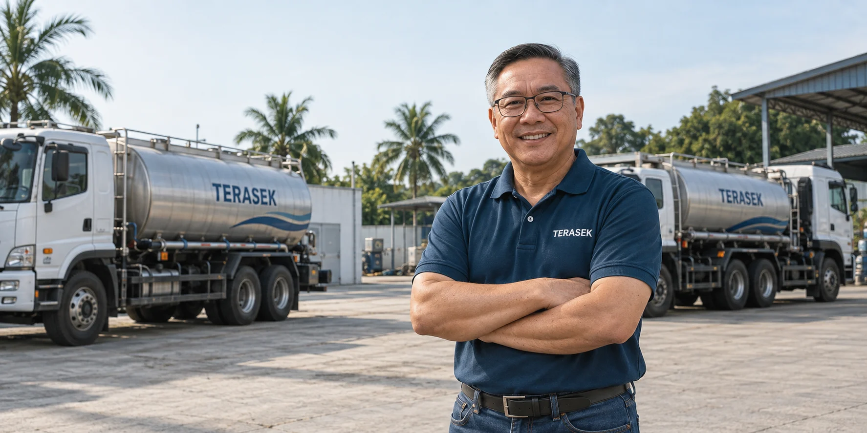Illustration of an older Asian man with white and steel Terasek water tankers